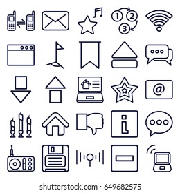 Website icons set. set of 25 website outline icons such as radio, connected phone, email, diskette, eject button, favorite music, star, candle, home, real estate on laptop