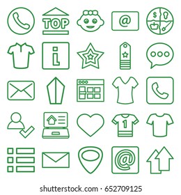 Website icons set. set of 25 website outline icons such as baby girl, shirt, t-shirt, mail, top of cargo box, heart, email, guitar mediator, call, at email, star
