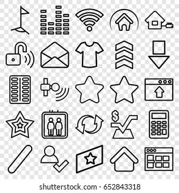 Website icons set. set of 25 website outline icons such as elevator, house building, star, t-shirt, mathematical square, pill, equalizer, update, envelope, bandage, home