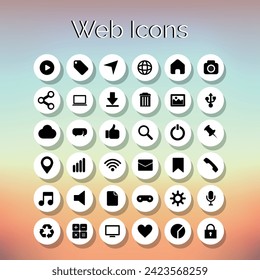 Website-Symbole Set von 36 Anwendungssymbolen mit weißen und schwarzen Farbbildern Farbverlauf-Hintergrund-Tablette