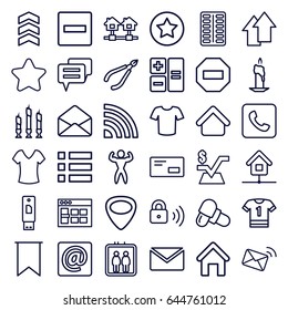Website icons set. set of 36 website outline icons such as elevator, house building, woman in spa, star, shirt, t-shirt, mathematical square, pill, envelope, guitar mediator