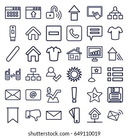 Website icons set. set of 36 website outline icons such as house building, tag, finger on tablet, t-shirt, mail, structure, mathematical square, signal, sun, dislike