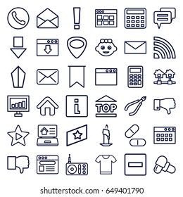 Website icons set. set of 36 website outline icons such as baby girl, woman in spa, mail, calculator, signal, pill, top of cargo box, radio, dislike, envelope, browser