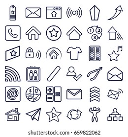 Website icons set. set of 36 website outline icons such as elevator, house building, woman in spa, t-shirt, structure, pill, wi-fi, update, envelope, bandage, favorite music