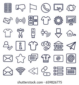 Website icons set. set of 36 website outline icons such as star, finger on tablet, t-shirt, signal, sun, pill, top of cargo box, dislike, update, envelope, email, play back