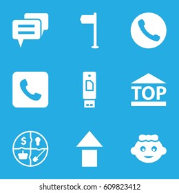 Website icons set. set of 9 website filled icons such as baby girl, top of cargo box, call, marketing, chat, arrow up, usb drive
