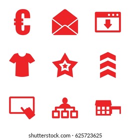Website icons set. set of 9 website filled icons such as finger on tablet, T-shirt, structure, envelope, star, rank, euro, house