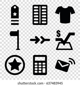 Website icons set. set of 9 website filled icons such as t-shirt, mathematical square, pill, calculator, mail, arrow, rank