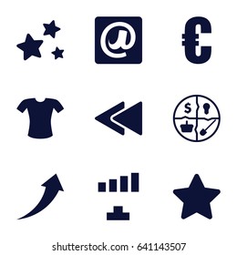 Website icons set. set of 9 website filled icons such as t-shirt, signal, star, play back, at email, marketing, arrow up