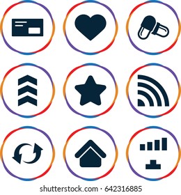 Website icons set. set of 9 website filled icons such as house building, star, signal, pill, heart, update, envelop