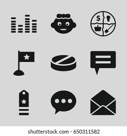 Website icons set. set of 9 website filled icons such as baby girl, pill, equalizer, envelope, rank, marketing, flag