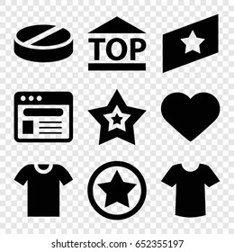 Website icons set. set of 9 website filled icons such as t-shirt, pill, top of cargo box, heart, browser, star, t-shirt