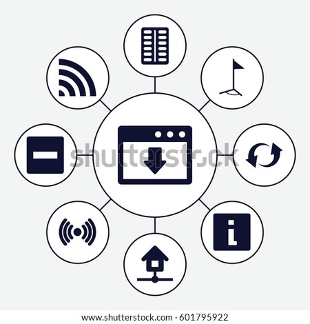 website icons set. Set of 9 website filled icons such as pill, wi-fi, update, home, flag, minus, info, download cloud