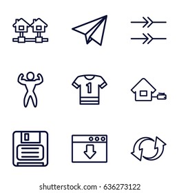 Website icons set. set of 9 website outline icons such as update, diskette, home, paper plane, arrow, bodybuilder, download cloud