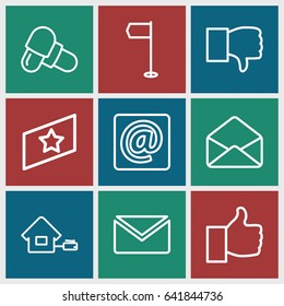 Website icons set. set of 9 website outline icons such as pill, envelope, at email, home, rank, dislike, mail, flag
