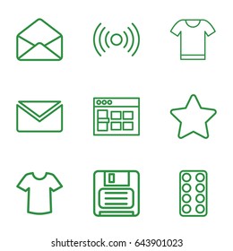 Website icons set. set of 9 website outline icons such as t-shirt, pill, star, envelope, diskette, t-shirt, browser window, mail