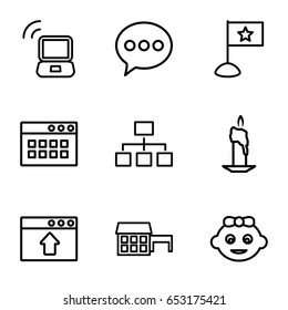 Website icons set. set of 9 website outline icons such as baby girl, structure, laptop signal, chat, flag, candle, house, window browser upload
