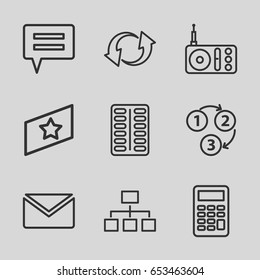 Website icons set. set of 9 website outline icons such as pill, structure, radio, update, calculator, 1 2 3, rank, mail