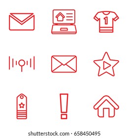 Website icons set. set of 9 website outline icons such as favorite music, mail, home, real estate on laptop, signal, rank, exclamation point