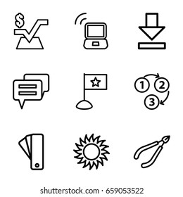 Website icons set. set of 9 website outline icons such as tag, woman in spa, mathematical square, sun, download, 1 2 3, laptop signal, flag