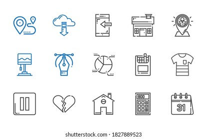 website icons set. Collection of website with calendar, calculator, home, broken heart, pause, shirt, cigarettes, pie chart, vector, lamp. Editable and scalable website icons.