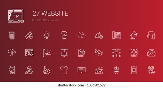 website icons set. Collection of website with strawberry, people, speech bubble, shirt, bowling, woman, smartphone, text formatting, heart. Editable and scalable website icons.