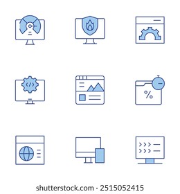 Website icons set. Line Duotone style, editable stroke. settings, firewall, fast speed, script, website, adaptive, web design, web settings, flash sale.