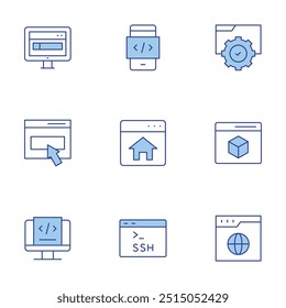 Website icons set. Line Duotone style, editable stroke. modeling, contact, website, mobile app, homepage, ssh, coding.