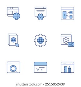 Website icons set. Line Duotone style, editable stroke. development, website, web maintenance, window, pencil, browser, globe, maths.