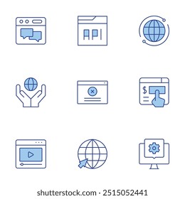 Conjunto de iconos de Sitio web. Video Estilo Duotone de la línea, golpe editable. error, en línea, foro, donación en línea, desarrollo del Web, página del Web, mundo.