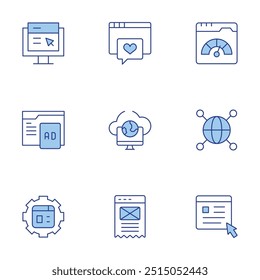 Website icons set. Line Duotone style, editable stroke. browser, worldwide, content, remote access, web, web management, improvement.