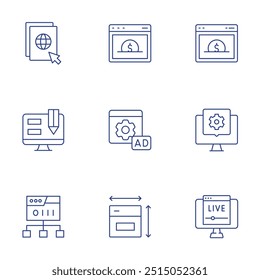 Website-Symbole festgelegt. Stil der dünnen Linie, bearbeitbarer Strich. Website, Webdesign, Webwartung, Webentwicklung, Web, Live-Streaming.