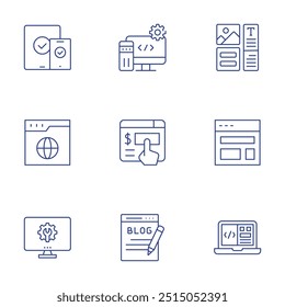 Conjunto de iconos de Sitio web. Estilo de línea delgada, trazo editable. diseño, Diseño web, desarrollo de Web, sensible, software, Sitio web, donación en línea, Configuraciones, blog.