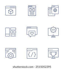 Website-Symbole festgelegt. Stil der dünnen Linie, bearbeitbarer Strich. Modellierung, Inhalte, Online-Lernen, Schnittstelle, Browser, Einstellungen, CSS, Trophäe.