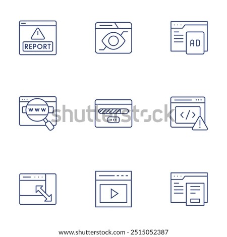 Website icons set. Thin Line style, editable stroke. report, view, browser, loading, coding, resize, video, search.