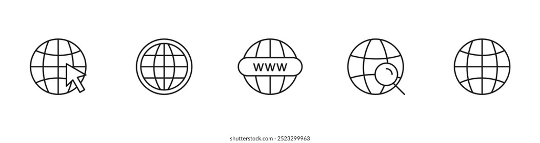 Website icons set. Www icons collection. Address and navigation bar icon. Web icon, website, homepage. Globe symbol. Editable stroke line icons. Vector illustration.
