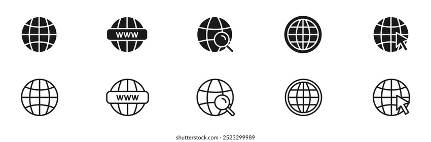 Conjunto de iconos de Sitio web. Colección de iconos de www. Icono de la barra de Dirección y navegación. Icono de Web, Sitio web, página principal. Símbolo del globo. Ilustración vectorial.