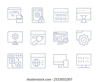 Ícones do site. Estilo Thin Line, traço editável. manutenção web, experiência do usuário, web, site, script, conversor online, adaptativo, php, código binário.