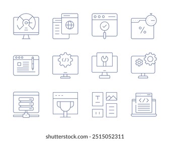 Ícones do site. Estilo Thin Line, curso editável. aprendizagem online, venda flash, configurações, troféu, programador, computador, velocidade rápida, usabilidade, gravação de conteúdo, manutenção, hospedagem, layout.