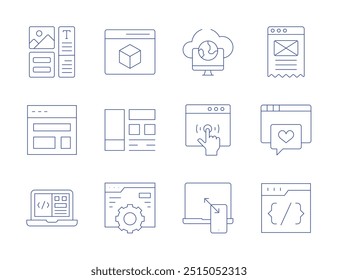 Website-Symbole. Stil der dünnen Linie, bearbeitbarer Strich. Modellierung, Inhalt, Schnittstelle, Browser, Einstellungen, CSS, Layout, Remote-Zugriff, Web-Design, Klick, Web-Entwicklung, reagieren.