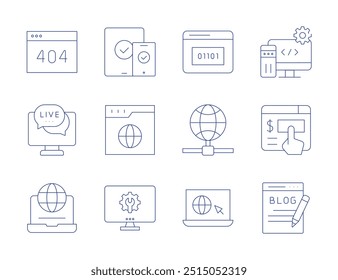 Website icons. Thin Line style, editable stroke. live chat, network, surf, responsive, software, website, online donation, settings, blog, internet, Frame, code.