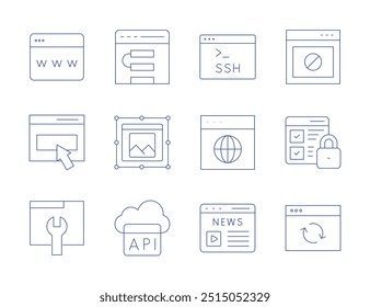 Website-Symbole. Stil der dünnen Linie, bearbeitbarer Strich. contact, global, online, web, web design, web security, api, update, wartung, ssh, browser.