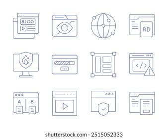 Website icons. Thin Line style, editable stroke. blogging, firewall, layout, testing, web security, network, view, browser, loading, coding, video.