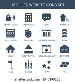 website icons. Trendy 16 website icons. Contain icons such as security lock, calculator, chat, arrow up, baby girl, browser window, rank, home. website icon for web and mobile.