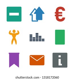 website icons. Trendy 9 website icons. Contain icons such as info, mail, flag, calculator, equalizer, bodybuilder, euro, arrow up, minus. website icon for web and mobile.