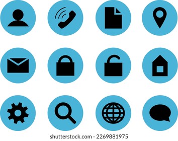 Website icons, vector. Black icons in blue circle. Phone and letter, person profile, lock, file, home, settings, search, message, planet and location.