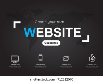 Website icons with world black map for business