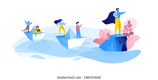 Website illustration with Flat People Characters swimming on Paper Ship. People aspire to leadership. Vector illustration.