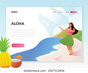 website illustration. Web page design template. Woman dancing illustration. Hawaii girl