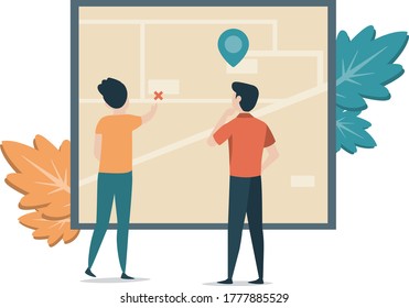 Website  Illustrations:  Route Planning - Two man planning for their route at the map illustration concept